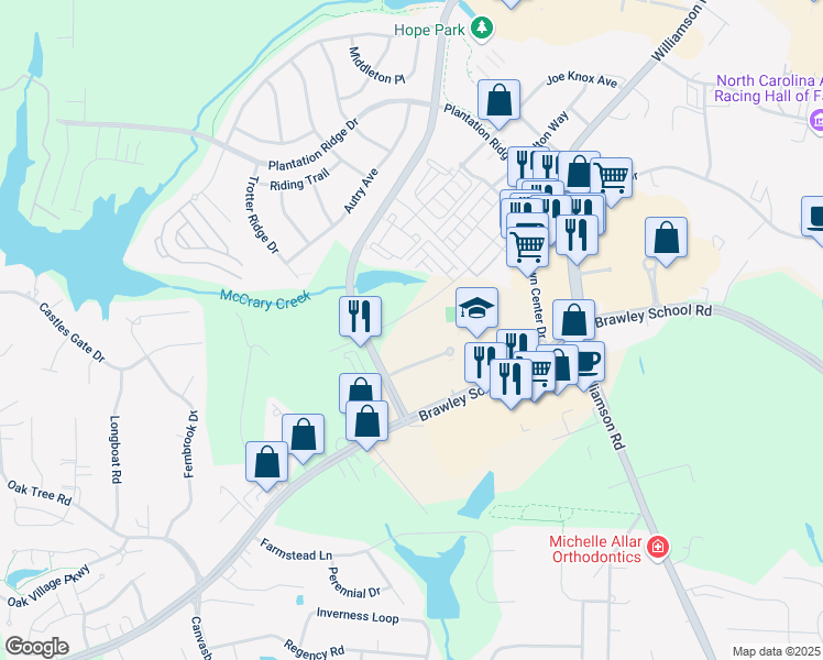 map of restaurants, bars, coffee shops, grocery stores, and more near 203 Singleton Road in Mooresville