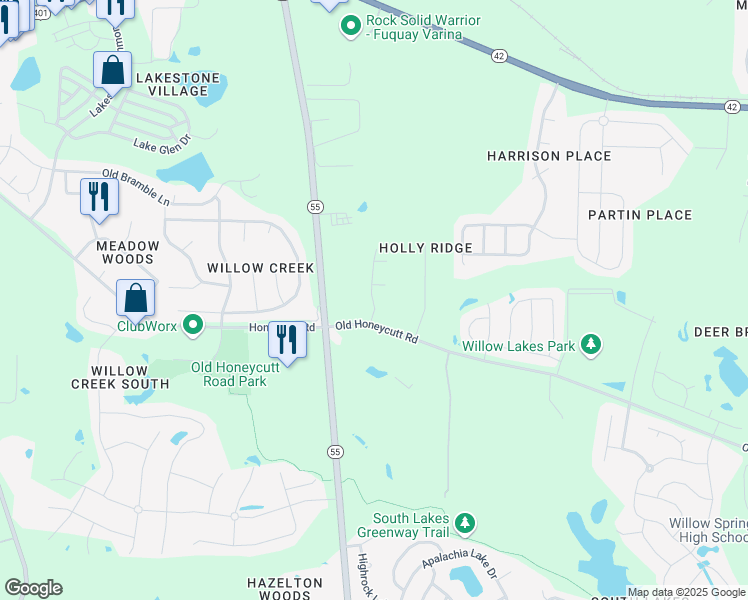 map of restaurants, bars, coffee shops, grocery stores, and more near 118 Willow Weald Court in Fuquay Varina