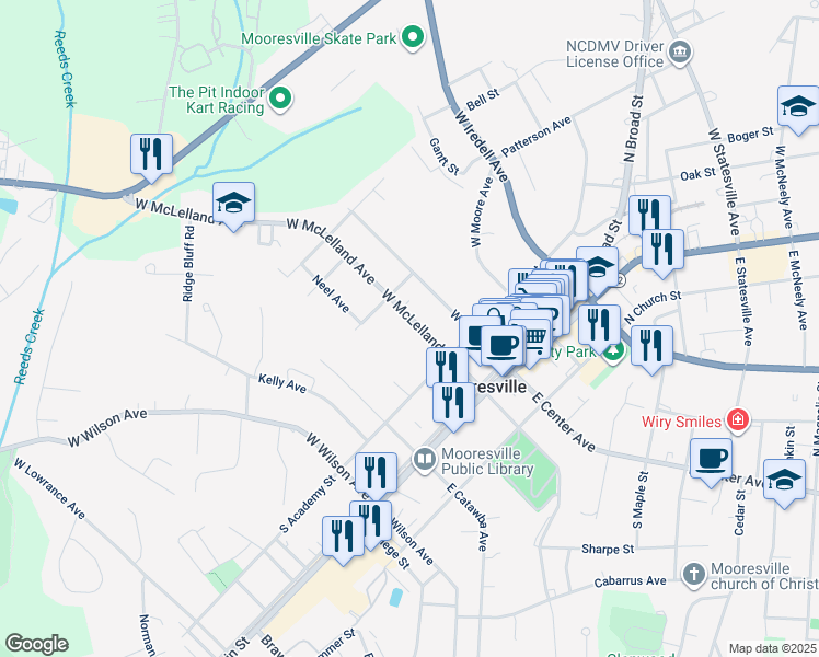 map of restaurants, bars, coffee shops, grocery stores, and more near 344 West McLelland Avenue in Mooresville