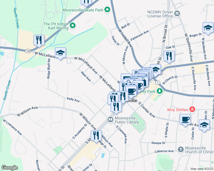 map of restaurants, bars, coffee shops, grocery stores, and more near 344 West McLelland Avenue in Mooresville