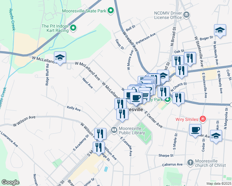 map of restaurants, bars, coffee shops, grocery stores, and more near 329 West McLelland Avenue in Mooresville