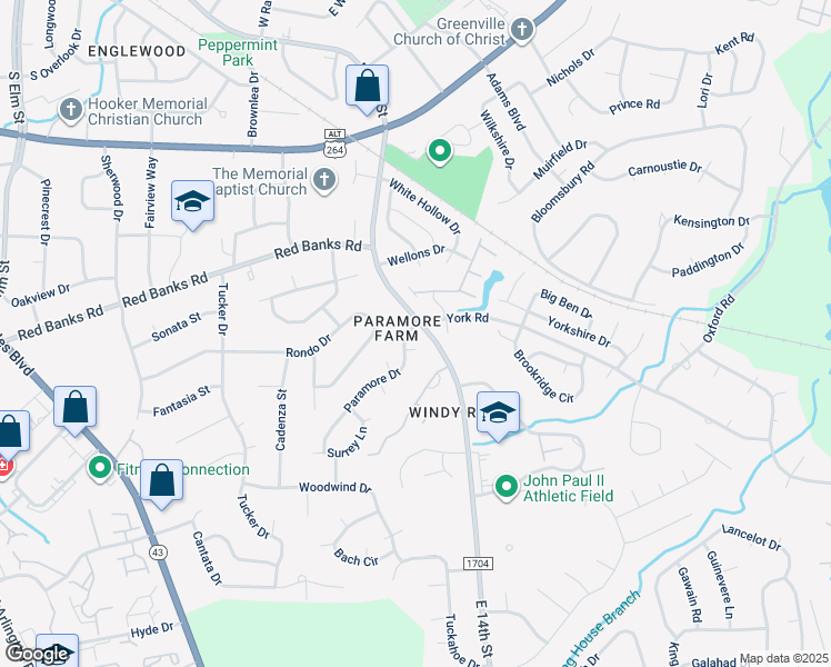map of restaurants, bars, coffee shops, grocery stores, and more near 1702 Paramore Drive in Greenville