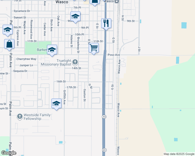 map of restaurants, bars, coffee shops, grocery stores, and more near 801 Almond Court in Wasco