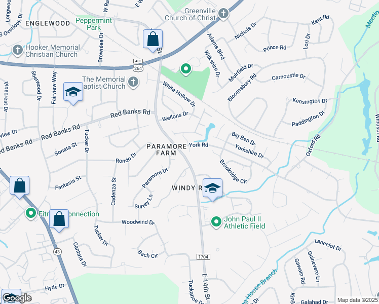 map of restaurants, bars, coffee shops, grocery stores, and more near 2400 King Richard Court in Greenville