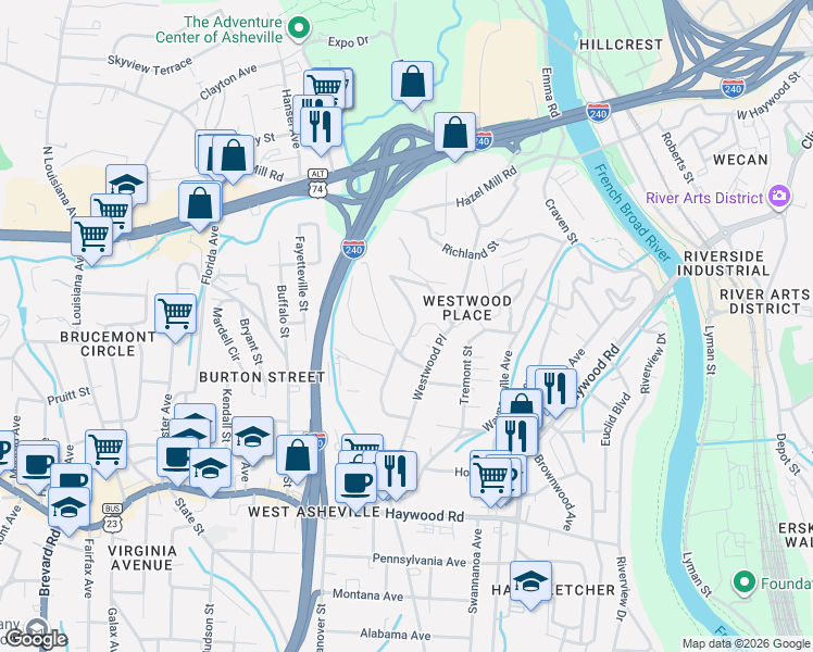map of restaurants, bars, coffee shops, grocery stores, and more near 99999 Branning Street in Asheville