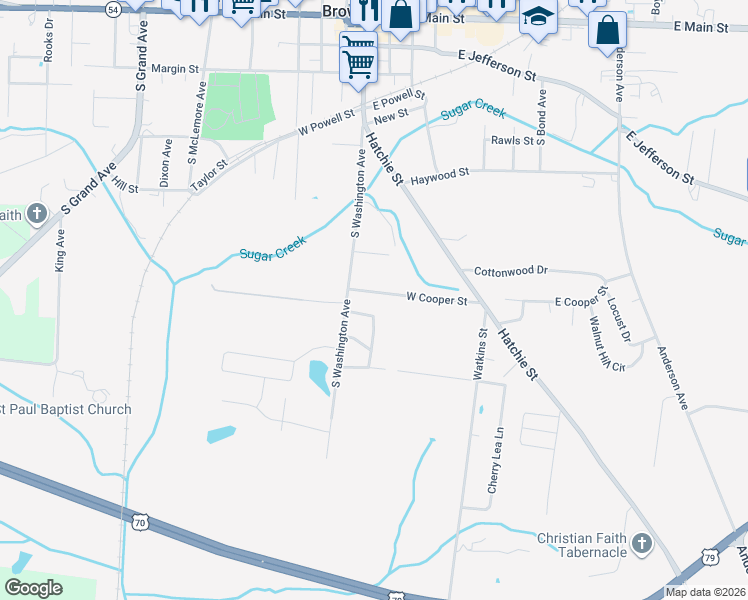 map of restaurants, bars, coffee shops, grocery stores, and more near 17 West Cooper Street in Brownsville