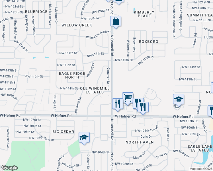 map of restaurants, bars, coffee shops, grocery stores, and more near 11224 Glendover Court in Oklahoma City