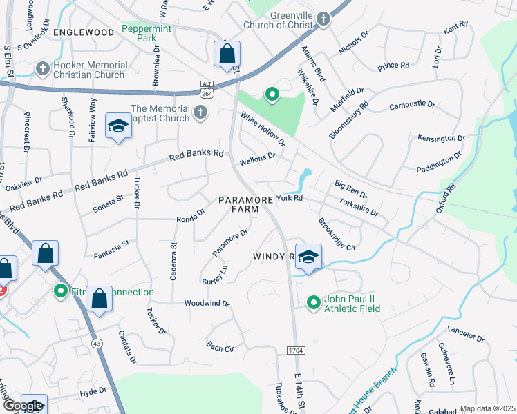 map of restaurants, bars, coffee shops, grocery stores, and more near 1702 Paramore Drive in Greenville