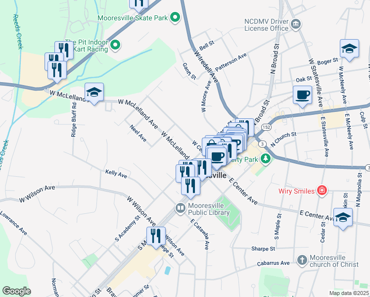 map of restaurants, bars, coffee shops, grocery stores, and more near 329 West McLelland Avenue in Mooresville
