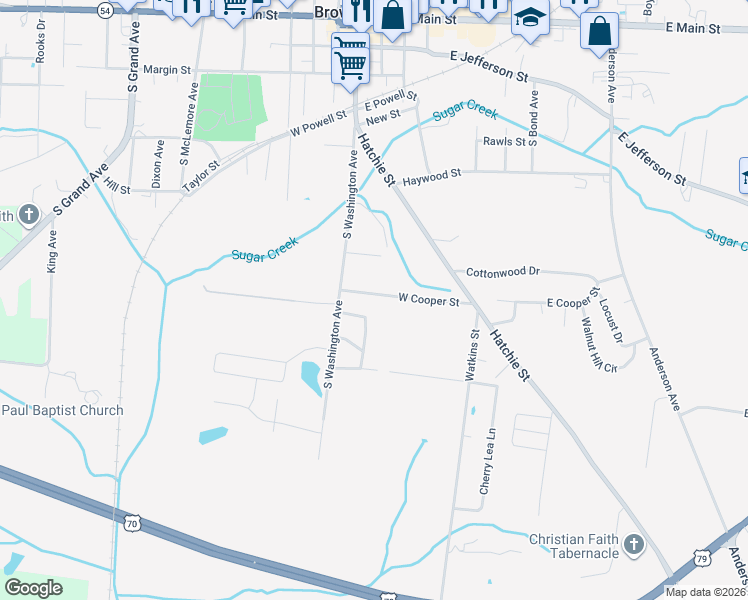map of restaurants, bars, coffee shops, grocery stores, and more near 17 West Cooper Street in Brownsville