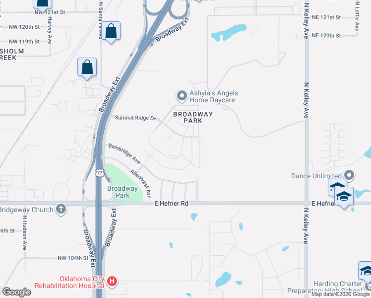 map of restaurants, bars, coffee shops, grocery stores, and more near 437 Summit Ridge Drive in Oklahoma City