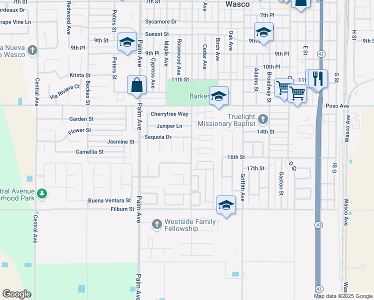 map of restaurants, bars, coffee shops, grocery stores, and more near 1525 Olive Court in Wasco