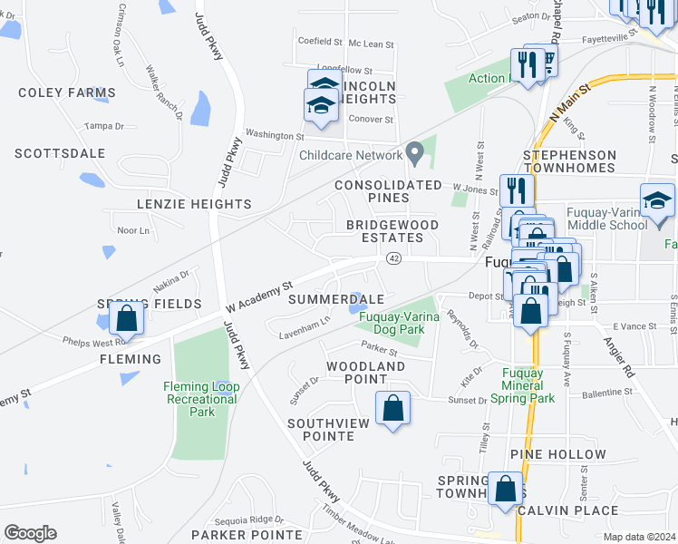 map of restaurants, bars, coffee shops, grocery stores, and more near 444 Stapleford Lane in Fuquay Varina