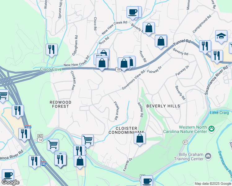 map of restaurants, bars, coffee shops, grocery stores, and more near 195 Governors View Road in Asheville