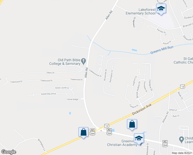 map of restaurants, bars, coffee shops, grocery stores, and more near 4033 Cobblestone Drive in Greenville