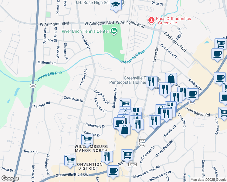 map of restaurants, bars, coffee shops, grocery stores, and more near 309 Burrington Road in Greenville