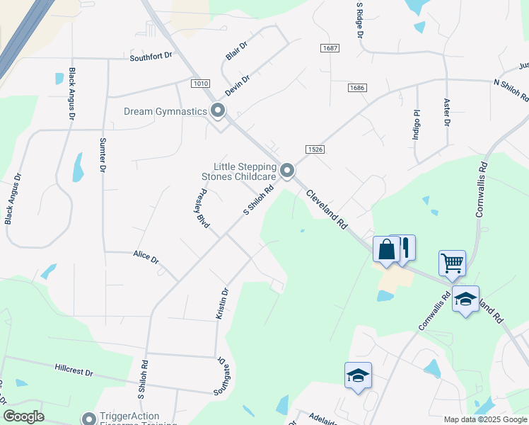 map of restaurants, bars, coffee shops, grocery stores, and more near 3598 South Shiloh Road in Garner