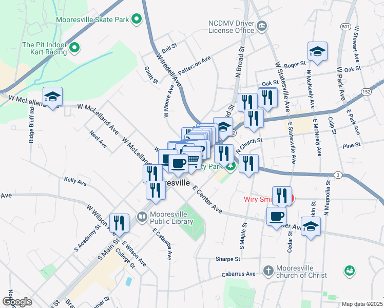 map of restaurants, bars, coffee shops, grocery stores, and more near 252 West Moore Avenue in Mooresville