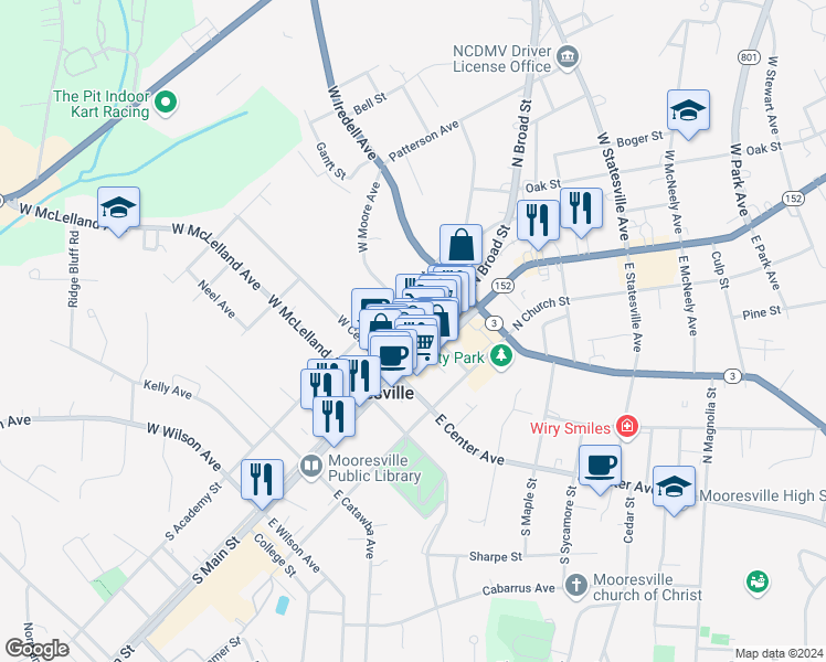 map of restaurants, bars, coffee shops, grocery stores, and more near 252 West Moore Avenue in Mooresville