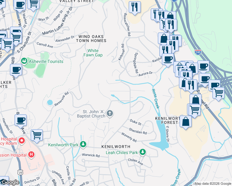 map of restaurants, bars, coffee shops, grocery stores, and more near 5 Digges Road in Asheville