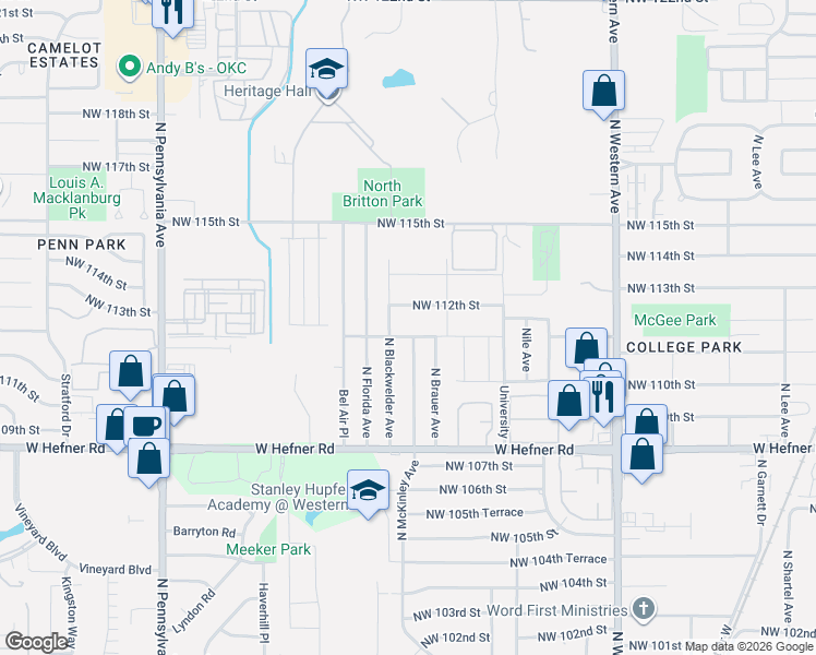map of restaurants, bars, coffee shops, grocery stores, and more near 1512 Northwest 112th Street in Oklahoma City