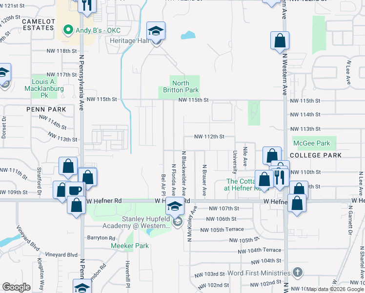 map of restaurants, bars, coffee shops, grocery stores, and more near 11312 North Florida Avenue in Oklahoma City