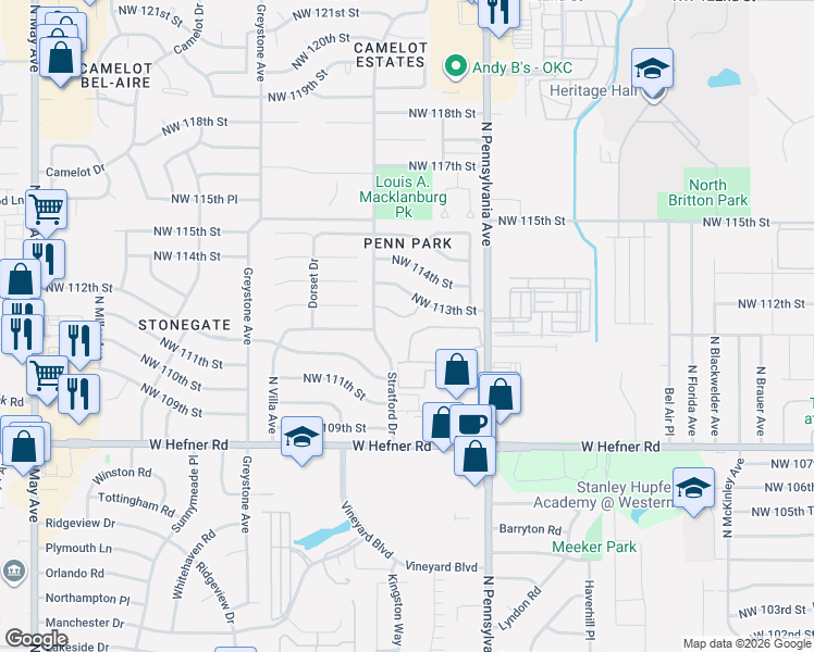 map of restaurants, bars, coffee shops, grocery stores, and more near 2217 Northwest 113th Place in Oklahoma City