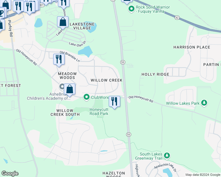 map of restaurants, bars, coffee shops, grocery stores, and more near 205 Honeywell Way in Fuquay-Varina