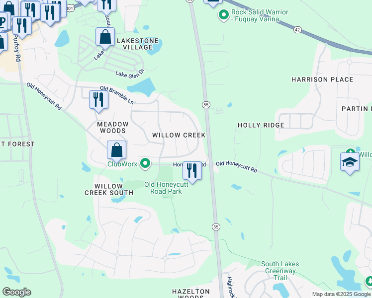 map of restaurants, bars, coffee shops, grocery stores, and more near 205 Honeywell Way in Fuquay-Varina