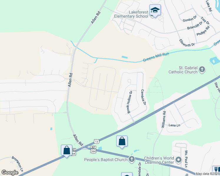 map of restaurants, bars, coffee shops, grocery stores, and more near 2181 Allen Road in Greenville