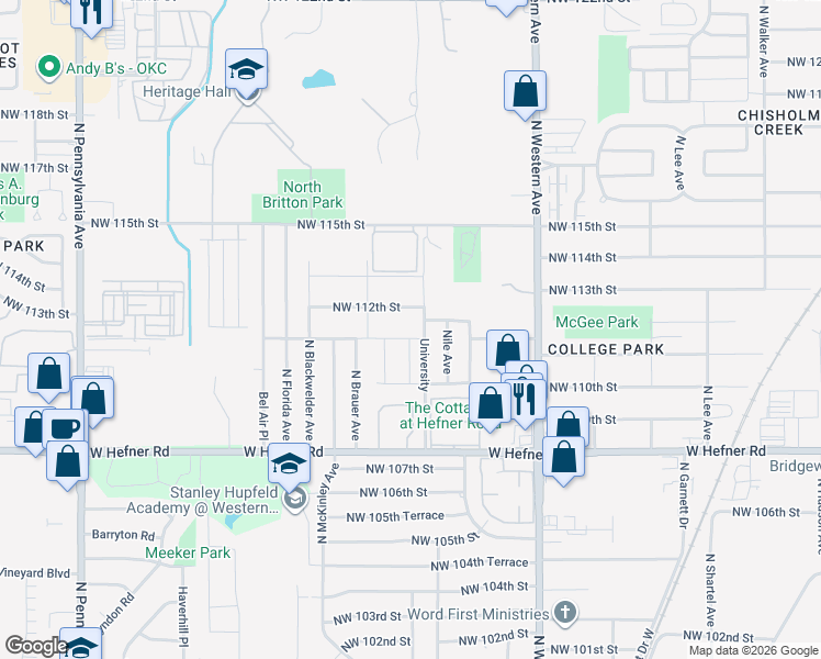 map of restaurants, bars, coffee shops, grocery stores, and more near 1215 Northwest 112th Street in Oklahoma City