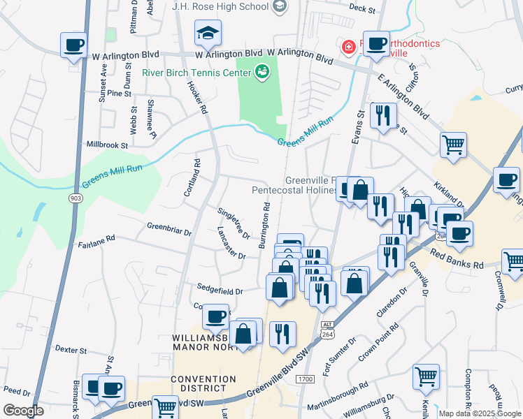map of restaurants, bars, coffee shops, grocery stores, and more near 309 Burrington Road in Greenville