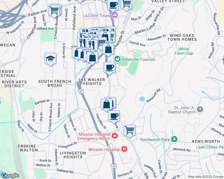 map of restaurants, bars, coffee shops, grocery stores, and more near 324 Biltmore Avenue in Asheville