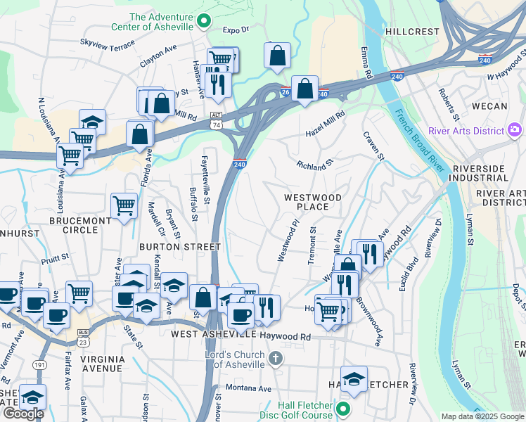 map of restaurants, bars, coffee shops, grocery stores, and more near 59 Vandalia Avenue in Asheville