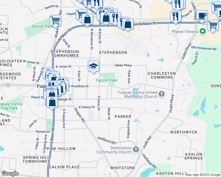 map of restaurants, bars, coffee shops, grocery stores, and more near 610 East Academy Street in Fuquay Varina