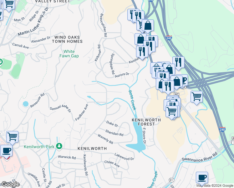 map of restaurants, bars, coffee shops, grocery stores, and more near 13 Chateau Place in Asheville