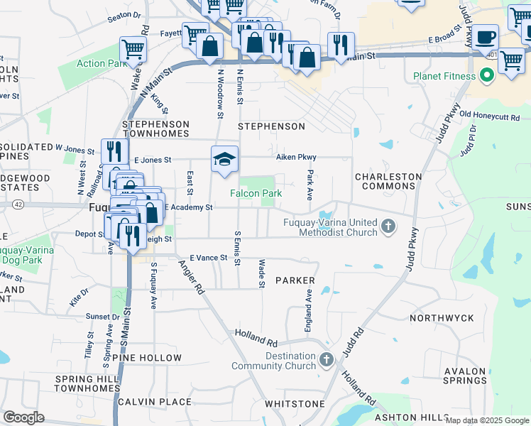 map of restaurants, bars, coffee shops, grocery stores, and more near 610 East Academy Street in Fuquay Varina