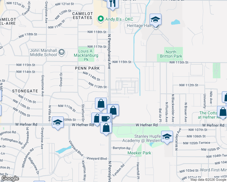 map of restaurants, bars, coffee shops, grocery stores, and more near 11400 North Barnes Avenue in Oklahoma City