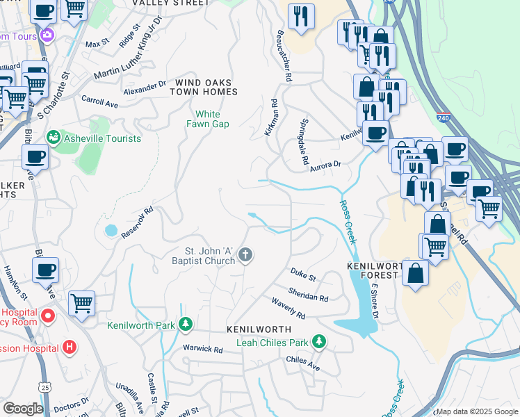 map of restaurants, bars, coffee shops, grocery stores, and more near 5 Digges Road in Asheville