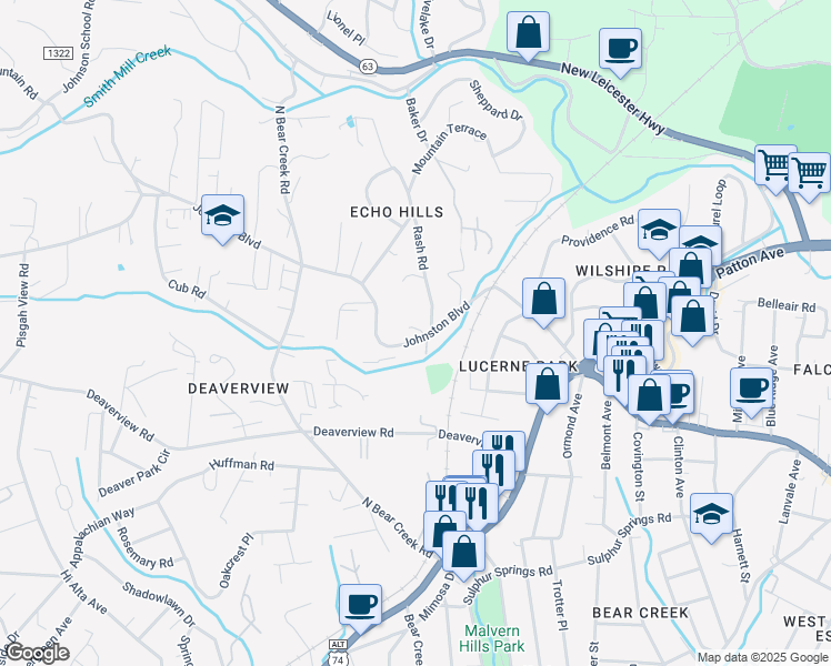 map of restaurants, bars, coffee shops, grocery stores, and more near 99999 Johnston Boulevard in Asheville