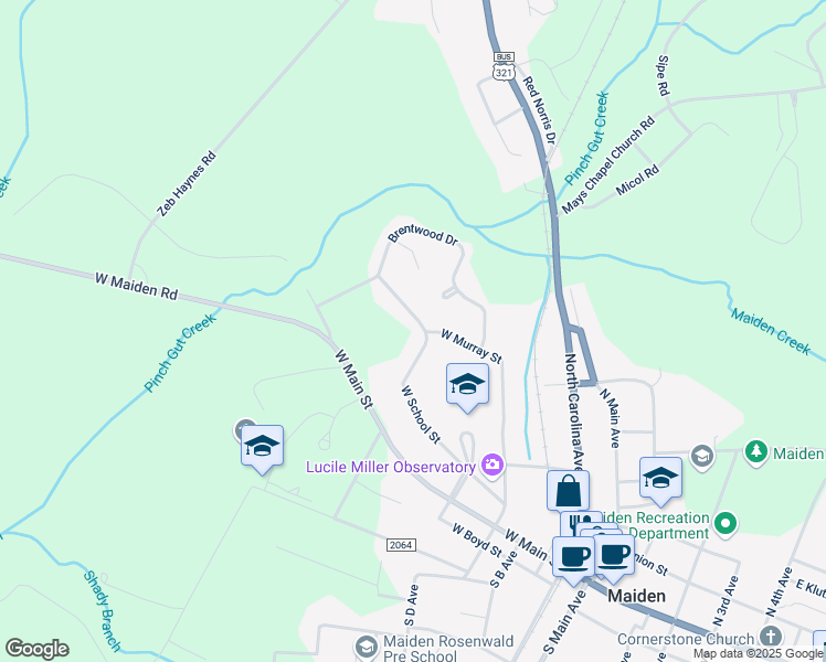 map of restaurants, bars, coffee shops, grocery stores, and more near 704 West School Street in Maiden