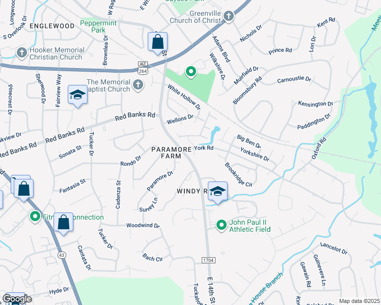 map of restaurants, bars, coffee shops, grocery stores, and more near 2400 King Richard Court in Greenville