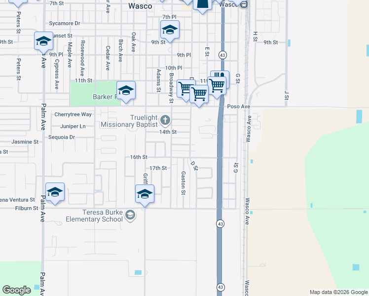 map of restaurants, bars, coffee shops, grocery stores, and more near 1010 15th Street in Wasco