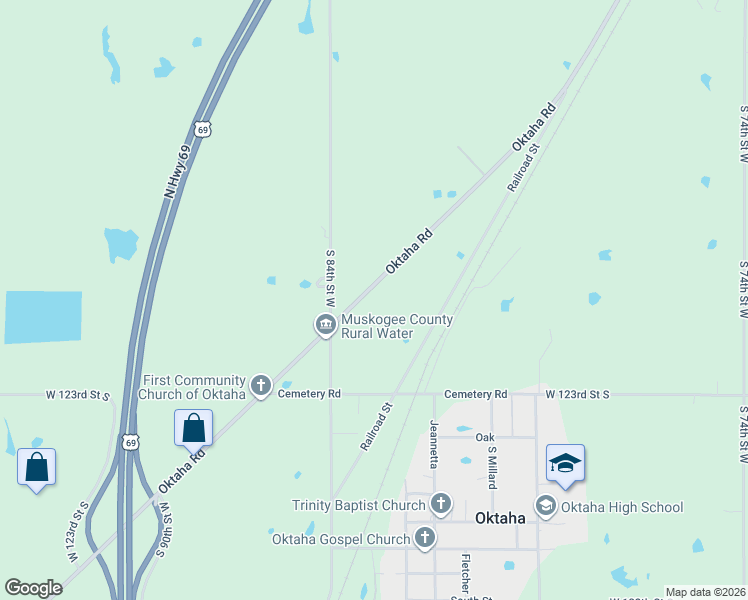 map of restaurants, bars, coffee shops, grocery stores, and more near 11862 Old US Highway 69 in Oktaha