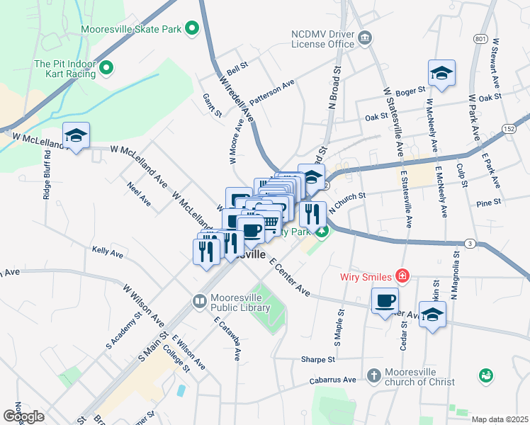 map of restaurants, bars, coffee shops, grocery stores, and more near 252 West Moore Avenue in Mooresville