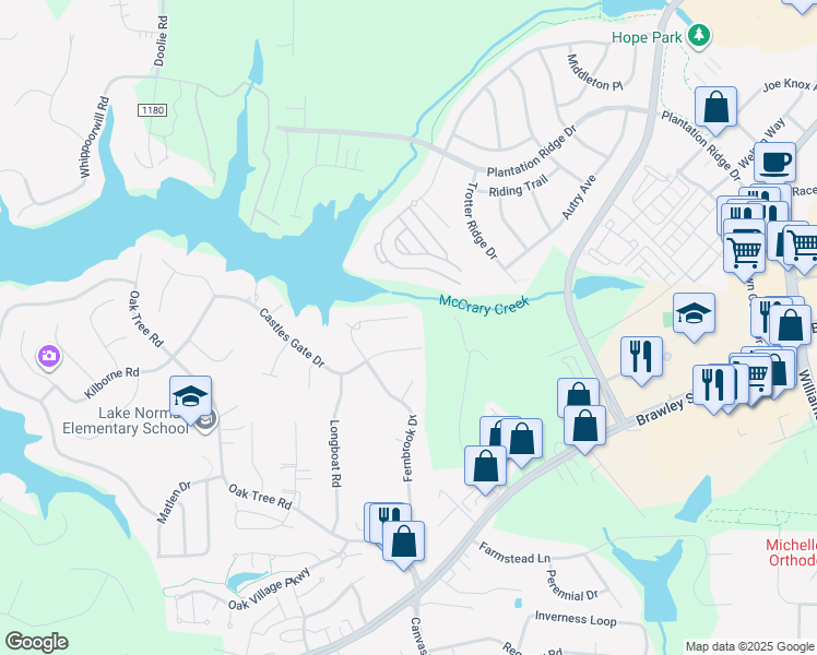 map of restaurants, bars, coffee shops, grocery stores, and more near 271 Fernbrook Drive in Mooresville