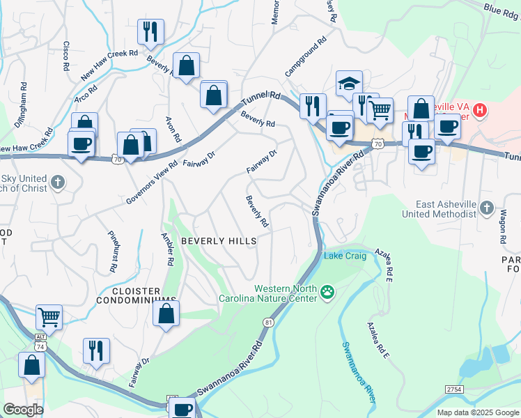 map of restaurants, bars, coffee shops, grocery stores, and more near 174 Beverly Road in Asheville