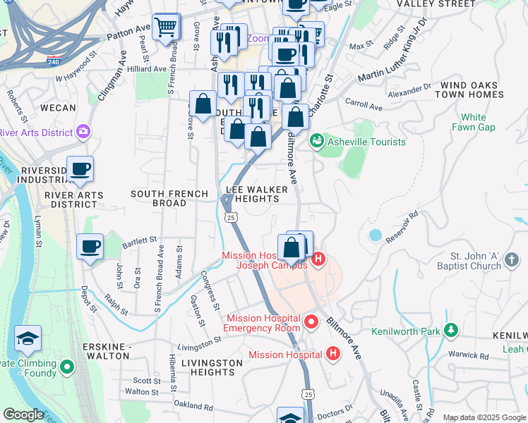map of restaurants, bars, coffee shops, grocery stores, and more near in Asheville