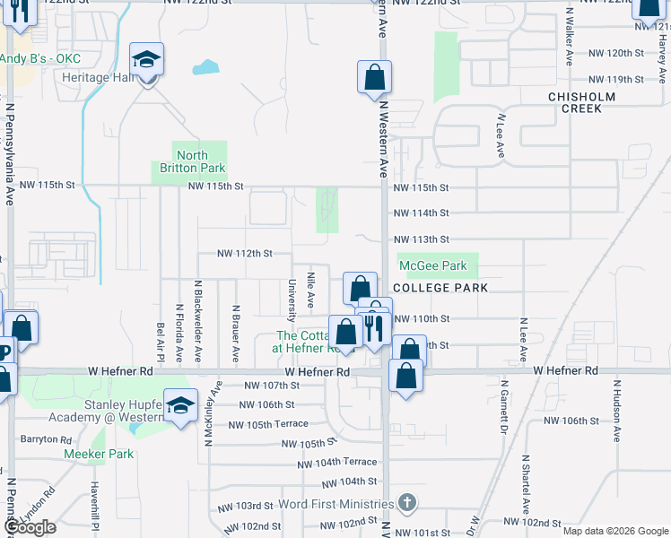 map of restaurants, bars, coffee shops, grocery stores, and more near 1201 Northwest 112th Street in Oklahoma City
