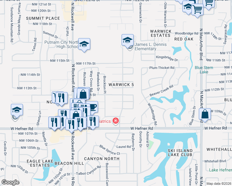 map of restaurants, bars, coffee shops, grocery stores, and more near 6600 Northwest 113th Street in Oklahoma City